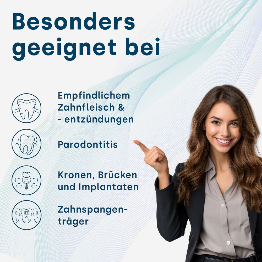 Frau zeigt auf Illustrationen von Zähnen und Zahnfleisch. Text: 'Besonders geeignet bei...'.