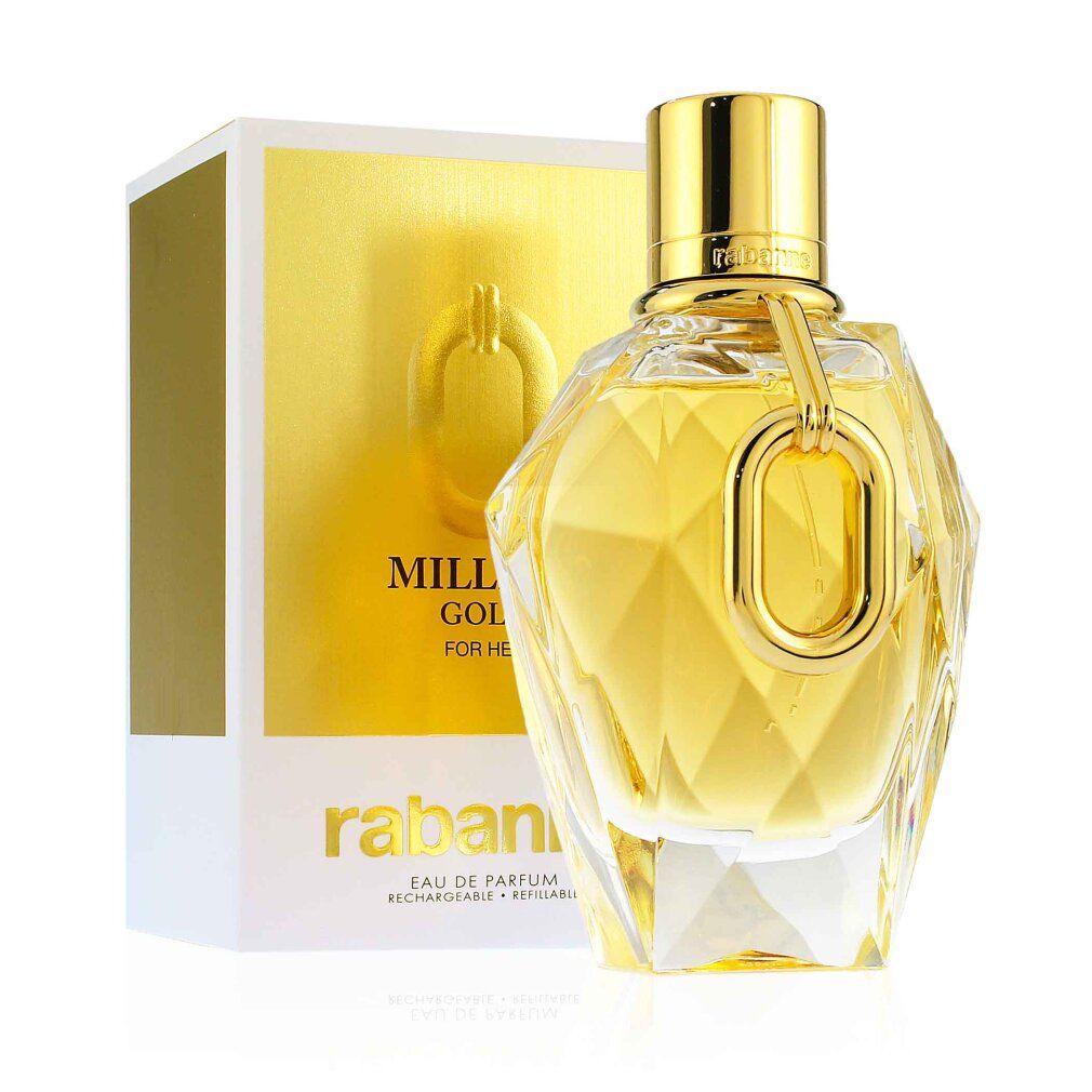 Goldfarbener Flakon und Verpackung. Flakon mit goldfarbenem Verschluss und Anhänger. Aufschrift: Million Gold For Her, Rabanne.