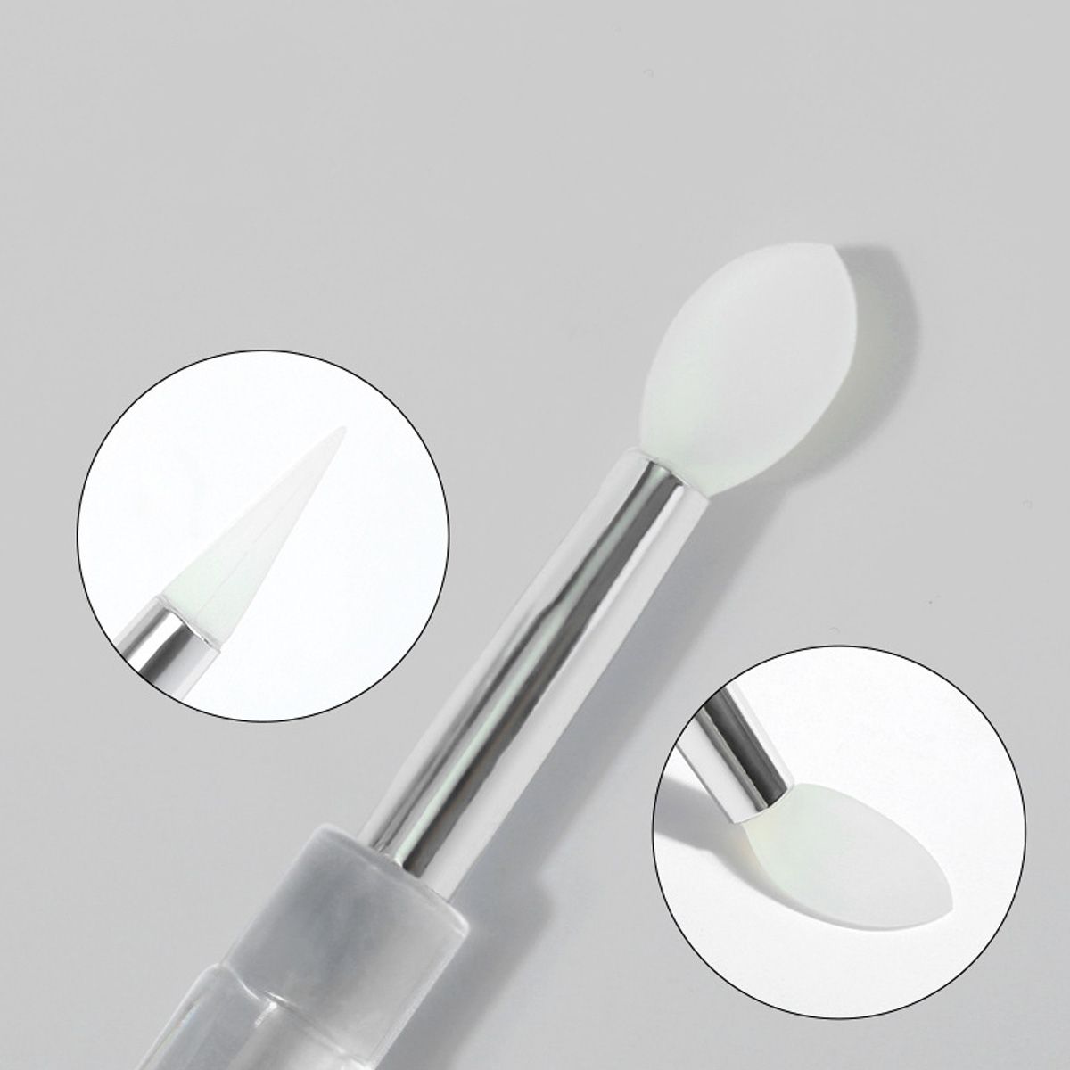 Nahaufnahme eines Silikon-Applikators mit Detailansichten der spitzen und ovalen Spitze.