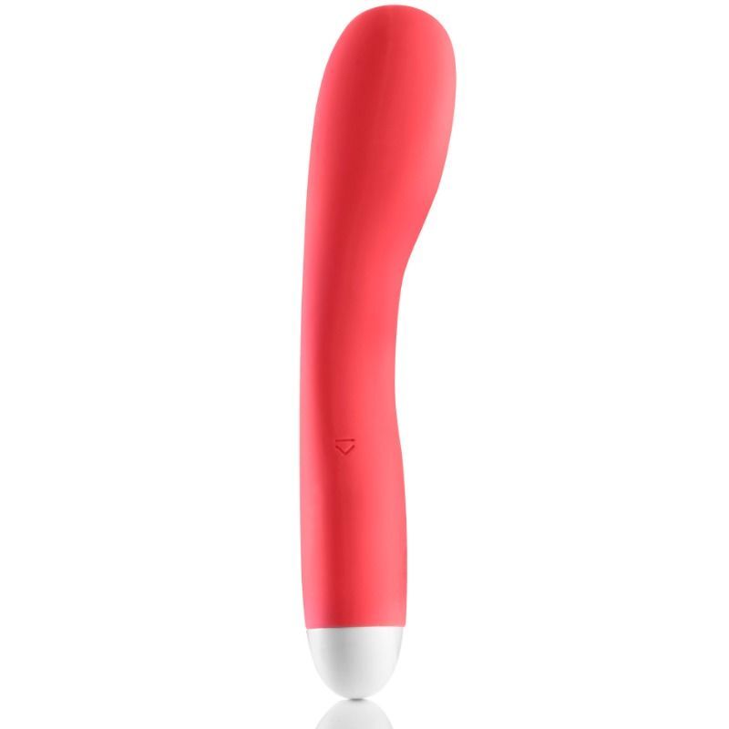 Roter Vibrator mit weißem Ende. Ein Knopf und ein Symbol sind zu sehen.