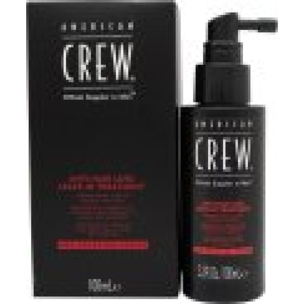 Schwarze Flasche und Karton. Aufschrift: AMERICAN CREW. Produktbezeichnung und Volumenangabe.