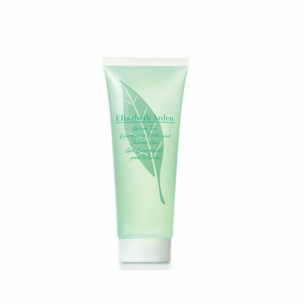 Grünes Duschgel in Tube. Aufschrift: Elizabeth Arden Green Tea. Blatt-Logo. Weißer Deckel.