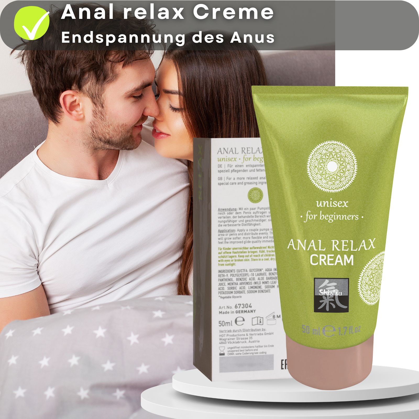 Grüne Tube und Schachtel. ANAL RELAX CREAM. Frau mit roten Schuhen. 50 ml. Logo.