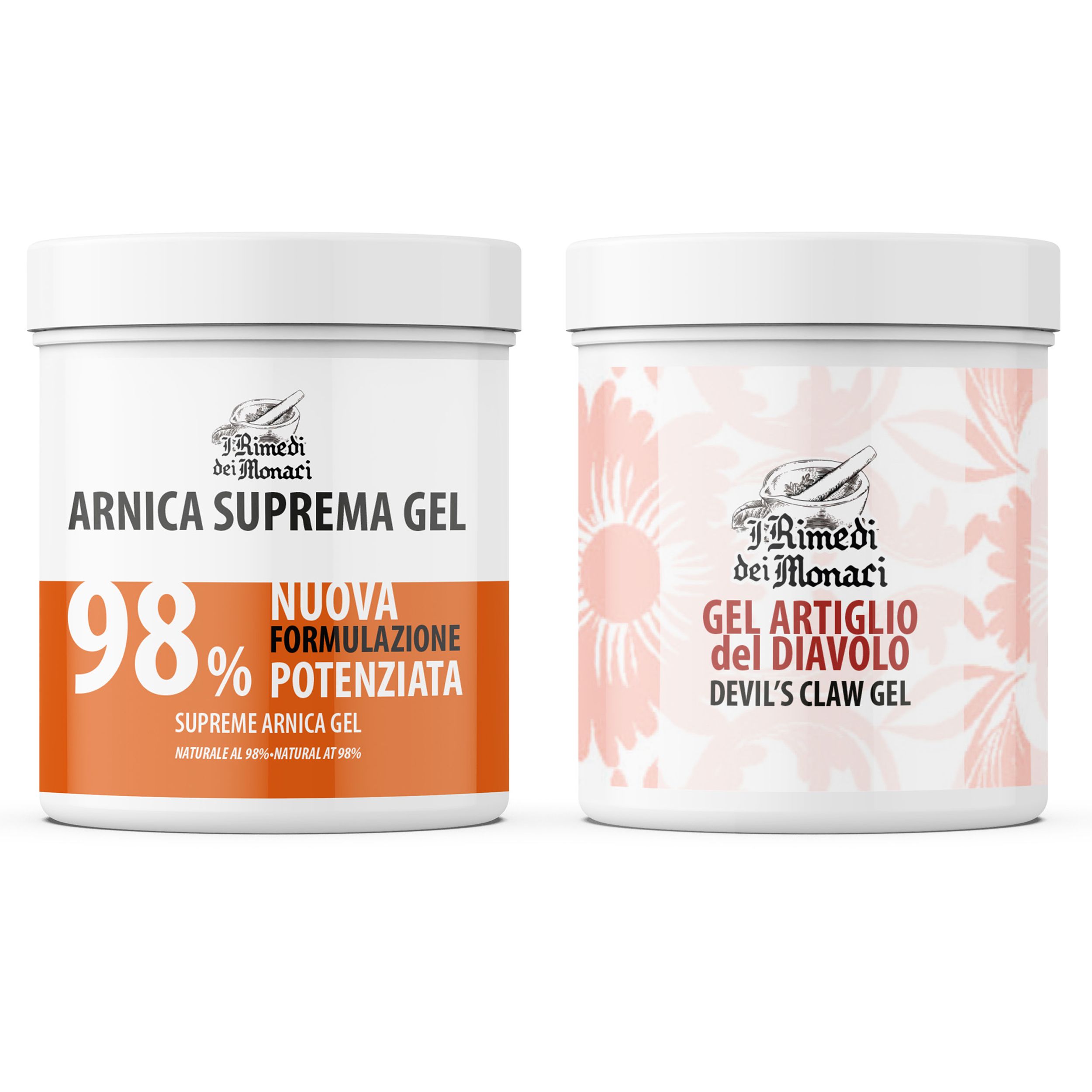 Zwei weiße Tiegel. Links: Arnika Suprema Gel 98%. Rechts: Gel Artiglio del Diavolo.