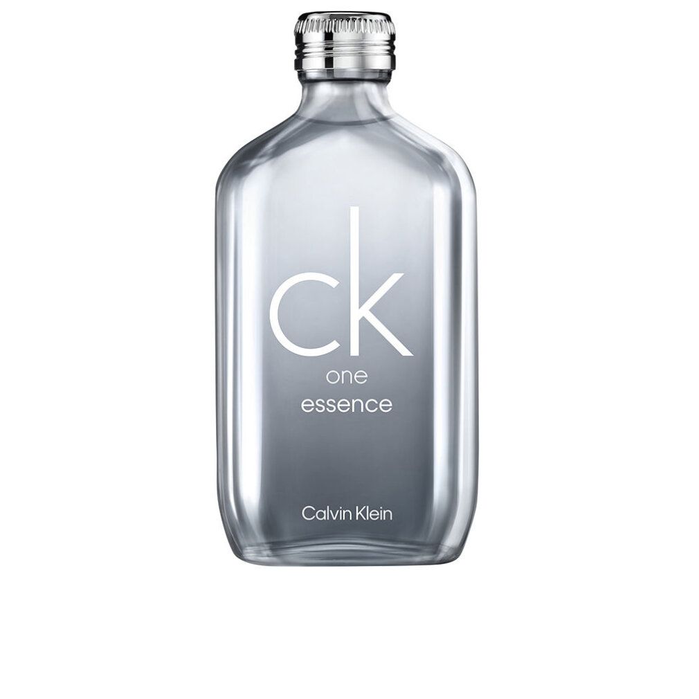 Klarer Flakon mit silbernem Verschluss. Aufschrift: ck one essence und Calvin Klein.