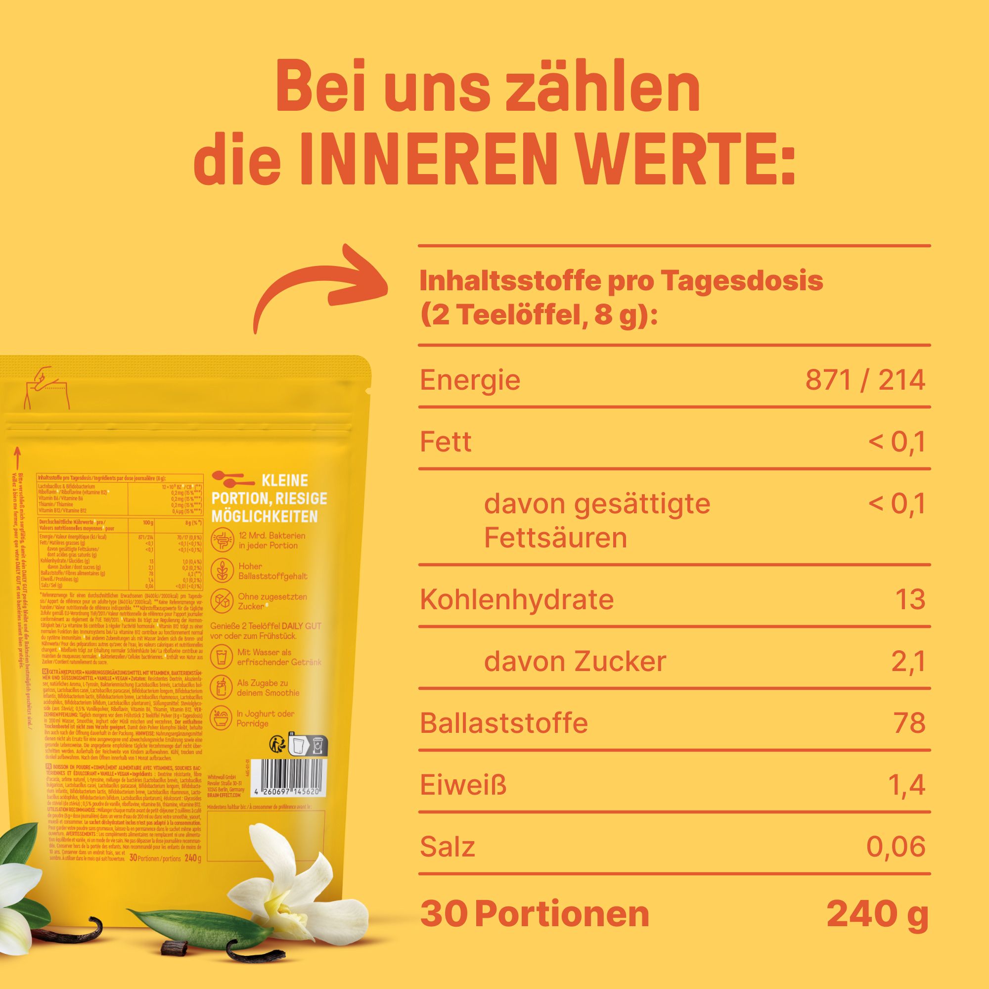 Nährwerttabelle. BRAINEFFECT Daily Gut Pulver. 30 Portionen, 240 g. Energie, Fett, Kohlenhydrate, Zucker, Ballaststoffe, Eiweiß, Salz.