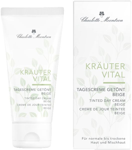 Creme-Tube und Verpackung. Aufschrift: Kräutervital Tagescreme getönt Beige. Marke: Charlotte Meentzen. Blätter-Dekor.