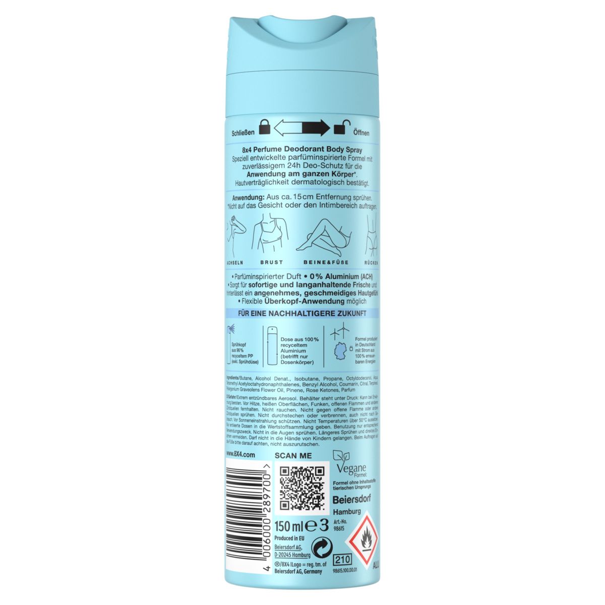 Rückseite eines 8x4 Body Sprays. Enthält Anwendungshinweise und Inhaltsstoffe. 150ml.