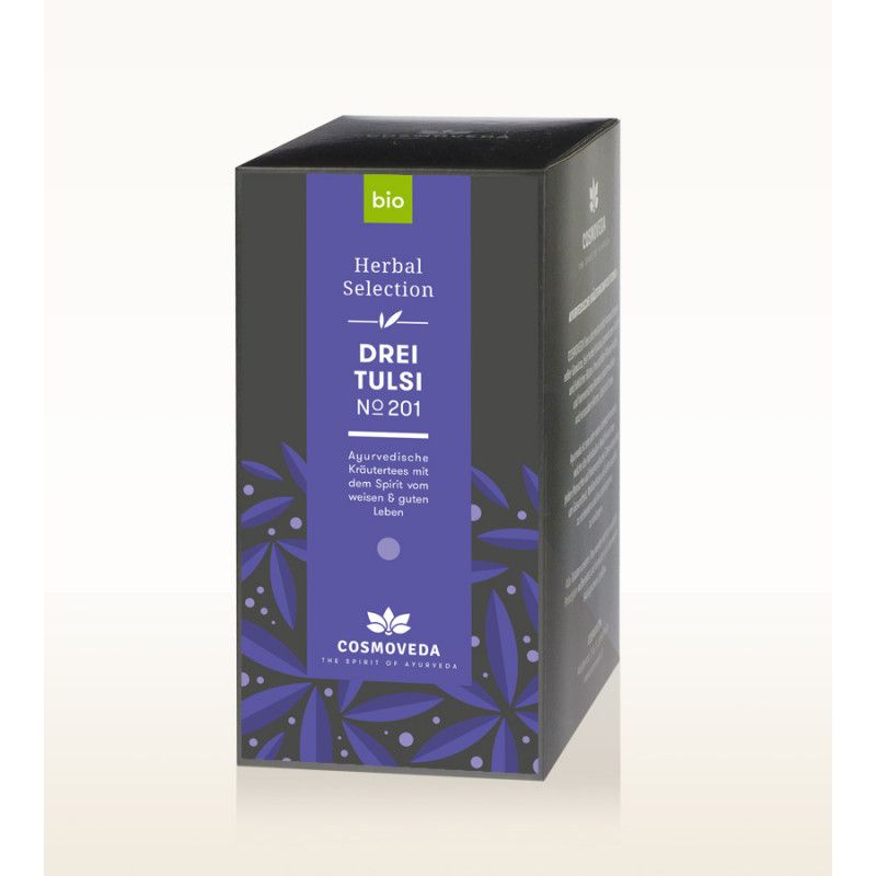 Dunkelgraue Teebox mit lila Akzenten. Aufschrift: "BIO", "DREI TULSI", "Herbal Selection". Logo: Cosmoveda.