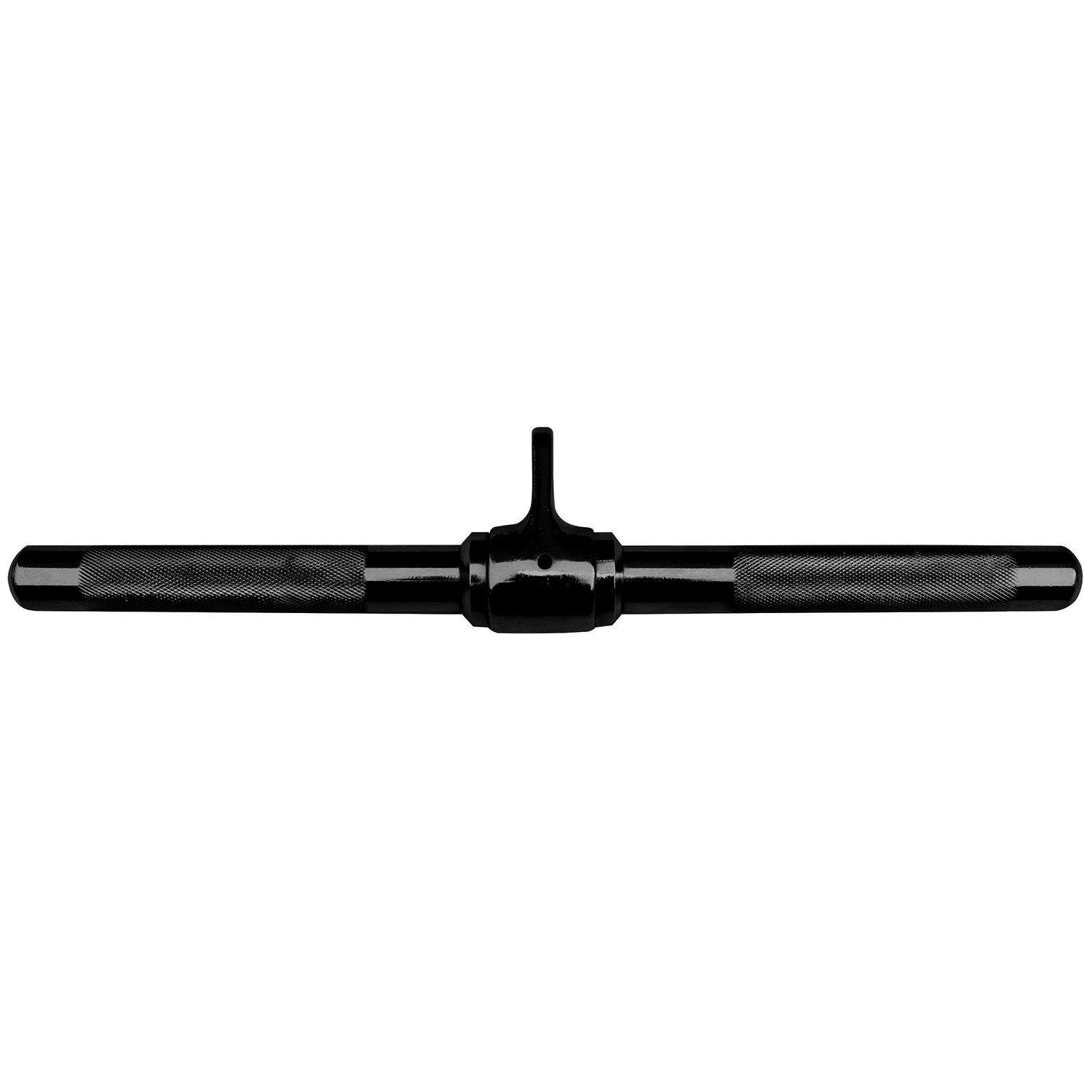 Schwarze Bizeps-Trizeps-Stange mit geriffelten Griffen und zentralem Befestigungspunkt. Metallkonstruktion.