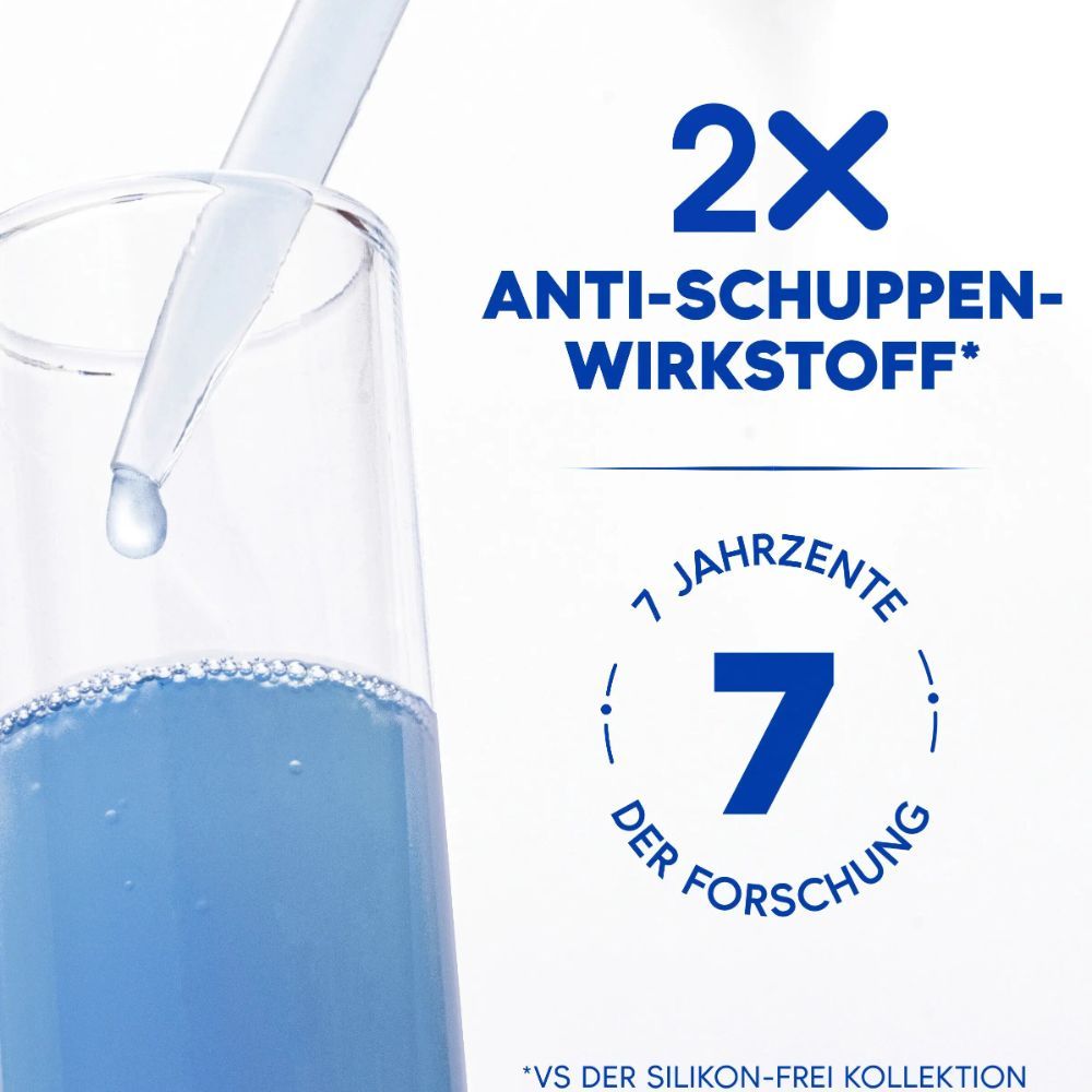 Pipette tropft Flüssigkeit in ein Glas. Text: 2x Anti-Schuppen-Wirkstoff. 7 Jahrzehnte der Forschung.