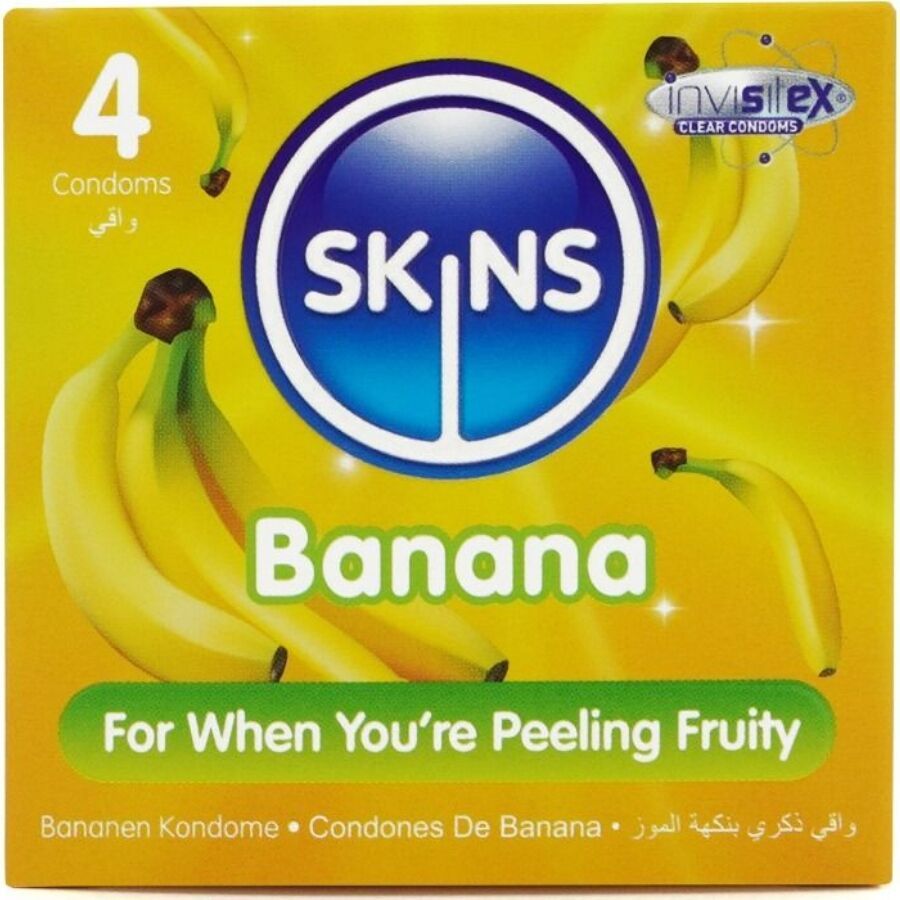 Verpackung mit vier Kondomen. Aufdruck: SKINS Banana. Gelbe Verpackung mit Bananen-Illustrationen. Text: For When You're Peeling Fruity.