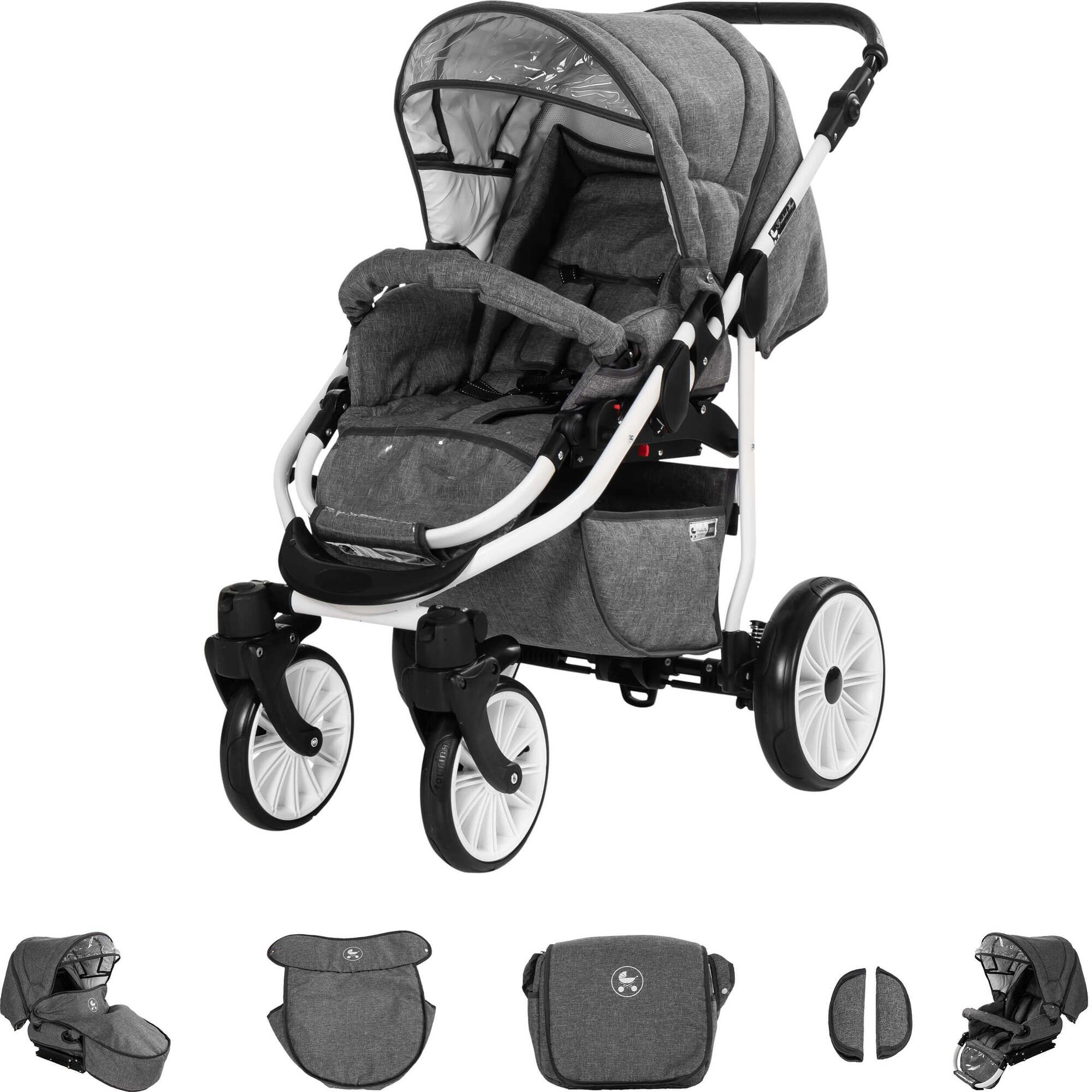 Friedrich Hugo Berlin 3 in 1 Kinderwagen mit Original Maxi Cosi, Luft Grey and Grey Day