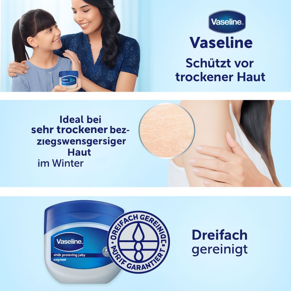 Vaseline® Produktabbildung. Schützt vor trockener Haut. Ideal bei sehr trockener Haut im Winter. Dreifach gereinigt.