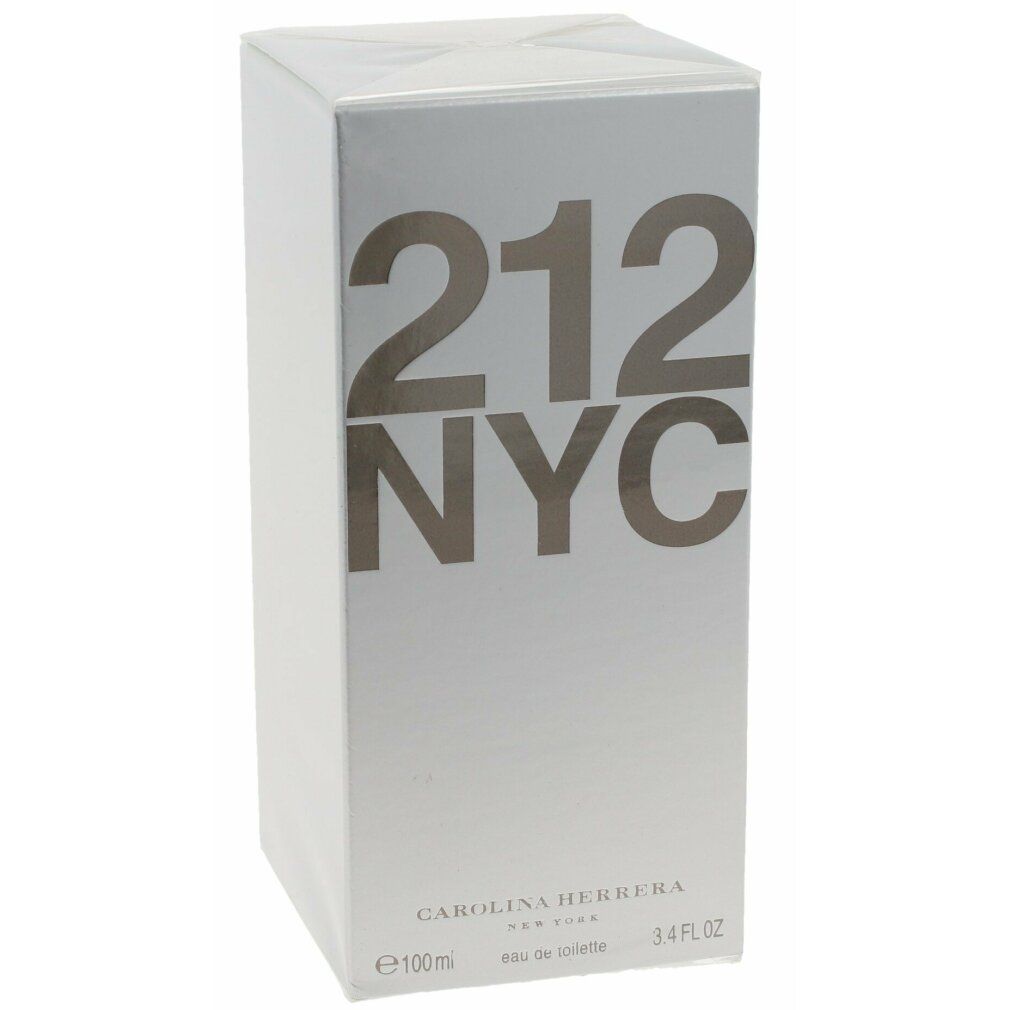 Carolina Herrera 212 EdT Verpackung. Rechteckige Verpackung in Silber. Schriftzug 212 NYC und Carolina Herrera.