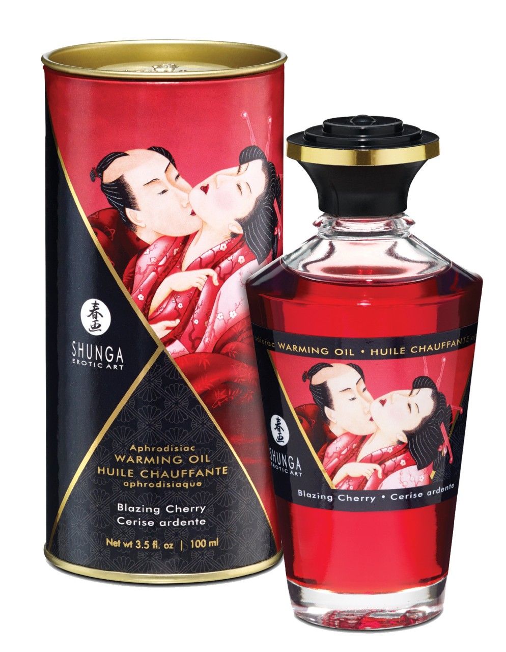 Rote Glasflasche und Dose mit Etiketten. Aufschrift: Shunga, Warming Oil, Blazing Cherry. Abbildung eines Paares.