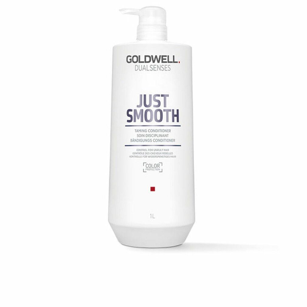 Goldwell Dualsenses Just Smooth Conditioner. Weiße Flasche mit Pumpe. Schriftzug: Just Smooth, 1L.