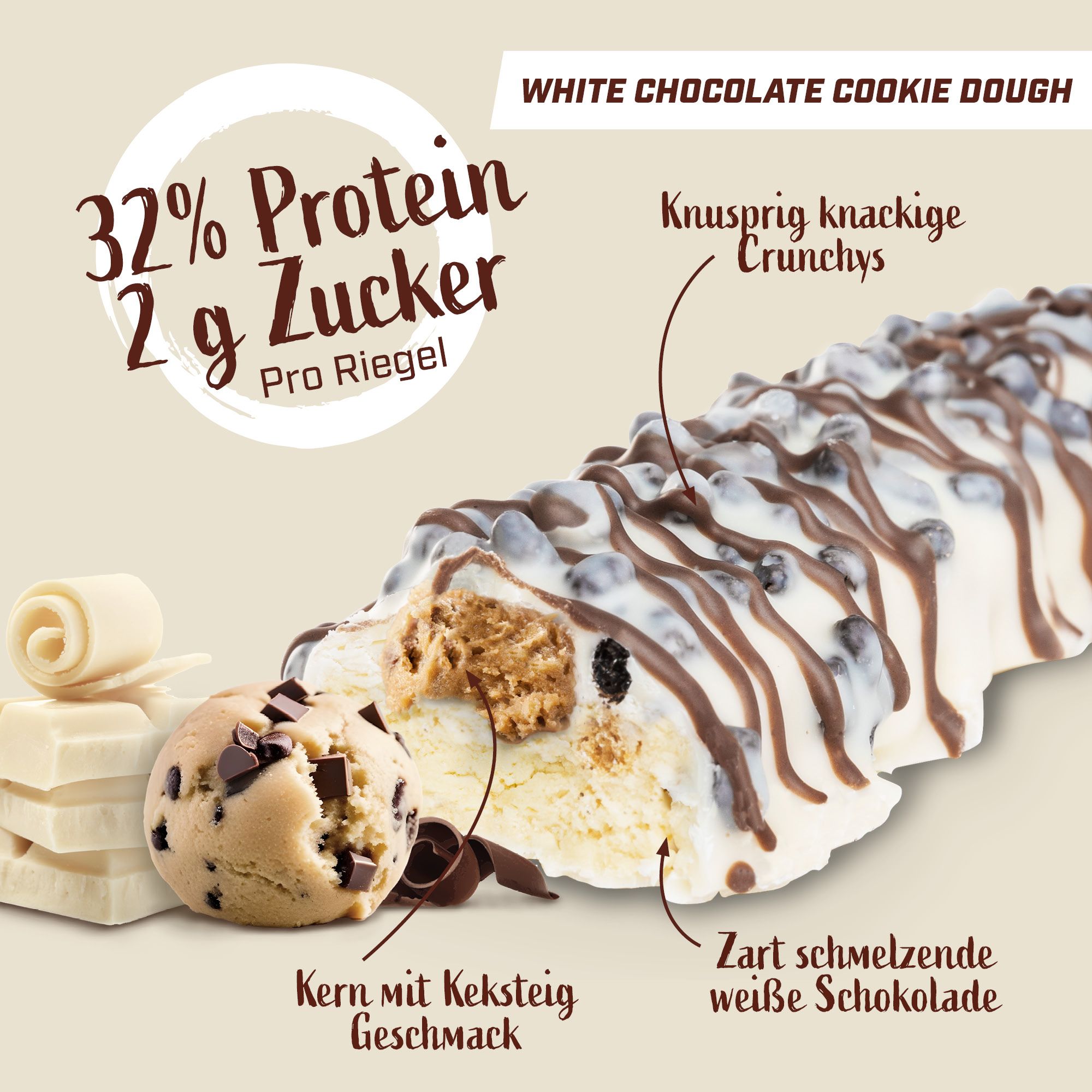 White Chocolate Cookie Dough Superbar. Riegel mit 32% Protein und 2g Zucker. Beschriftungen: Knusprige Crunchys, Kern mit Keksteig, weiße Schokolade.