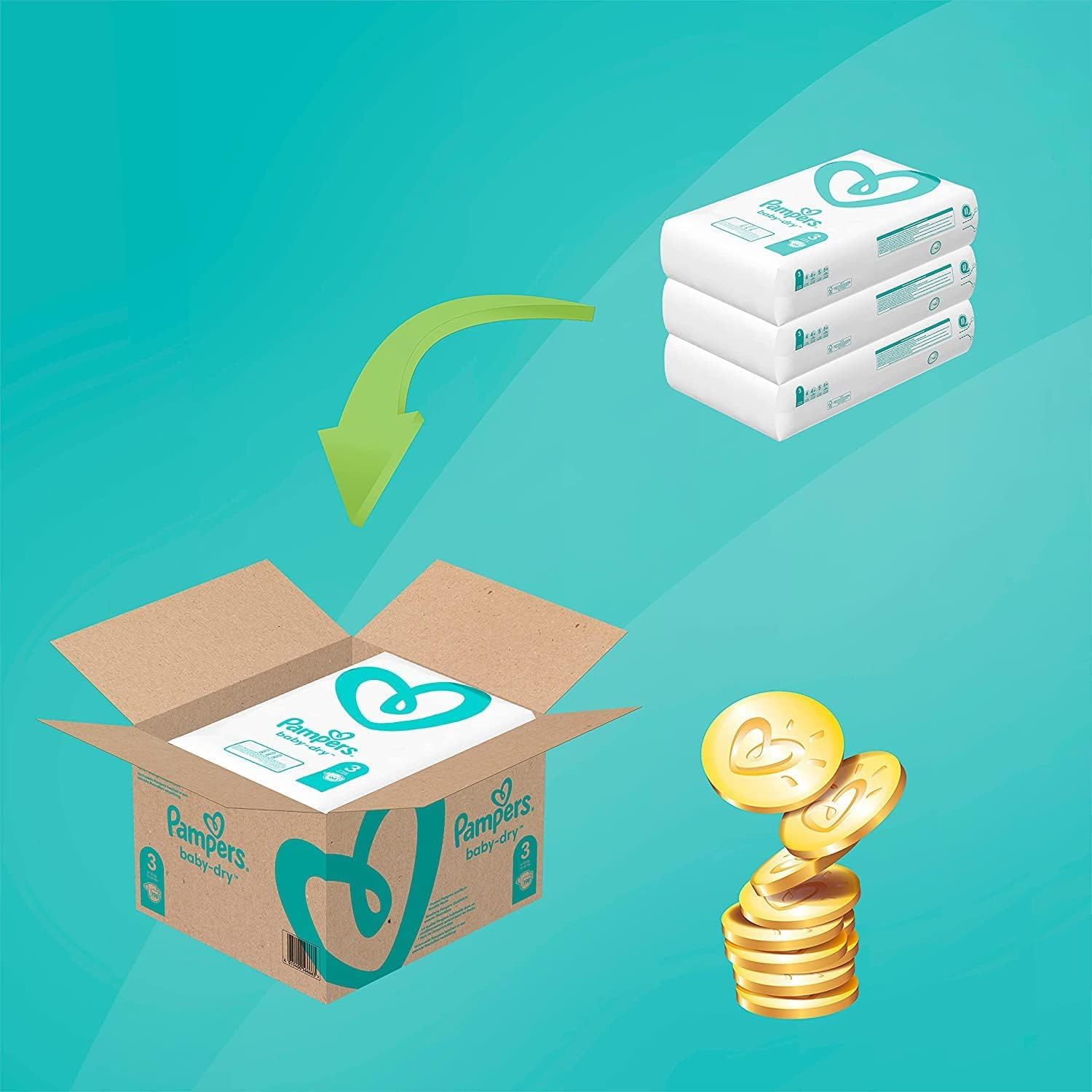 Pannolini Pampers Baby-Dry in confezione di cartone. Freccia indica scatola, pila di pannolini e monete.