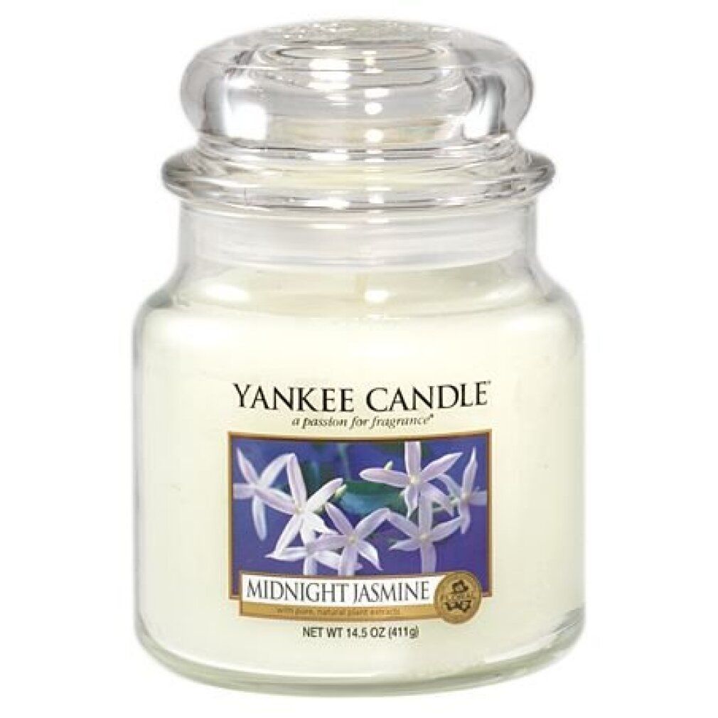 Yankee Candle Midnight Jasmine Duftkerze. Glasbehälter mit Deckel. Etikett mit Blumenmotiv und Produktnamen.