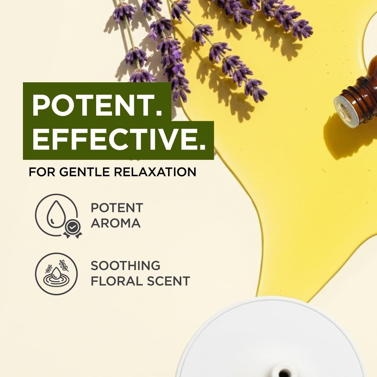 Lavendelblüten und ätherisches Öl. Text: Potent. Effektiv. Für sanfte Entspannung. Symbole: Potentes Aroma, beruhigender Blumenduft.