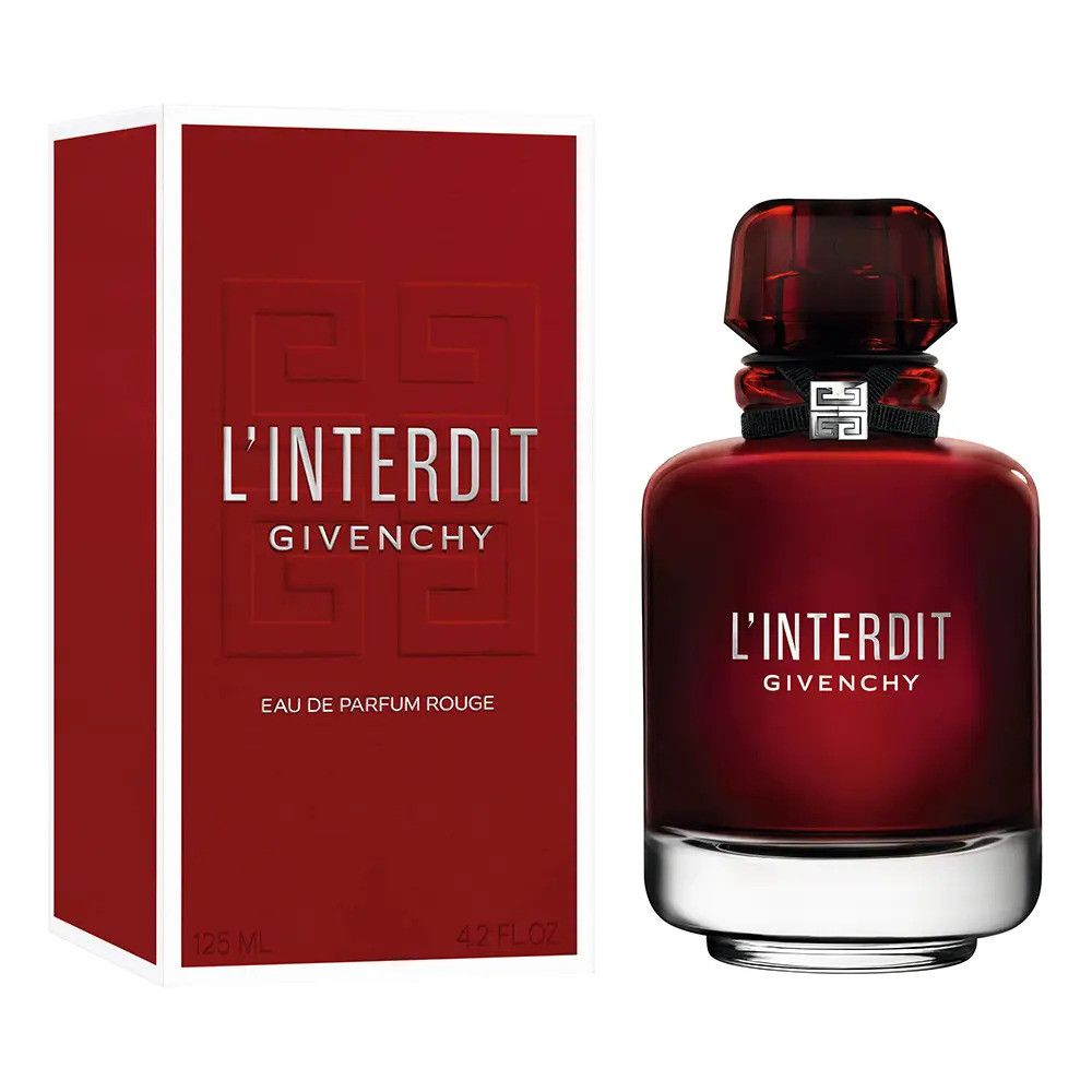 Roter Flakon und Verpackung. Aufschrift: L'Interdit Givenchy, Eau de Parfum Rouge. Schwarzes Band am Flakon.