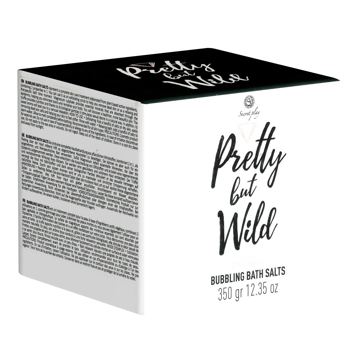 Weiße Schachtel mit Aufschrift: Pretty but Wild. Text auf mehreren Seiten.