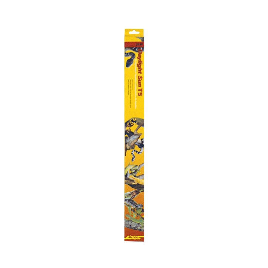 Gelbe Verpackung mit Produktname 'Daylight Sun T5'. Längliche Form, mit Illustrationen von Tieren.