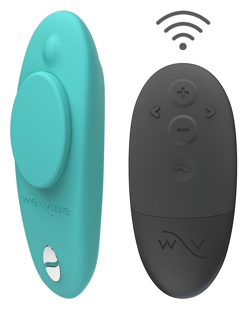 Türkisfarbener Vibrator und schwarze Fernbedienung. Fernbedienung mit Tasten. Drahtloses Symbol über der Fernbedienung.
