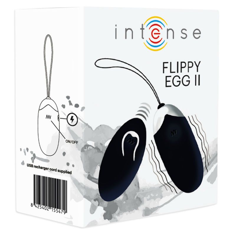 Verpackung mit zwei schwarzen, ovalen Produkten. Text 'intense' und 'FLIPPY EGG II'. Illustrationen und Barcode.