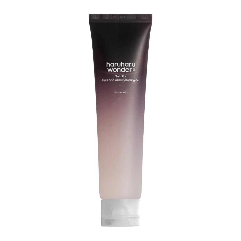 Produkt-Tube, Farbverlauf von dunkel nach hell. Aufschrift: Haruharu Wonder Black Rice Triple AHA Gentle Cleansing Gel.