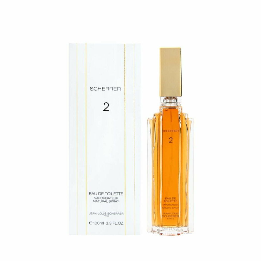 Scherrer 2 Eau de Toilette Flakon und Verpackung. Rechteckiger Flakon mit goldfarbenem Verschluss. Verpackung mit Logo und Produktbezeichnung.