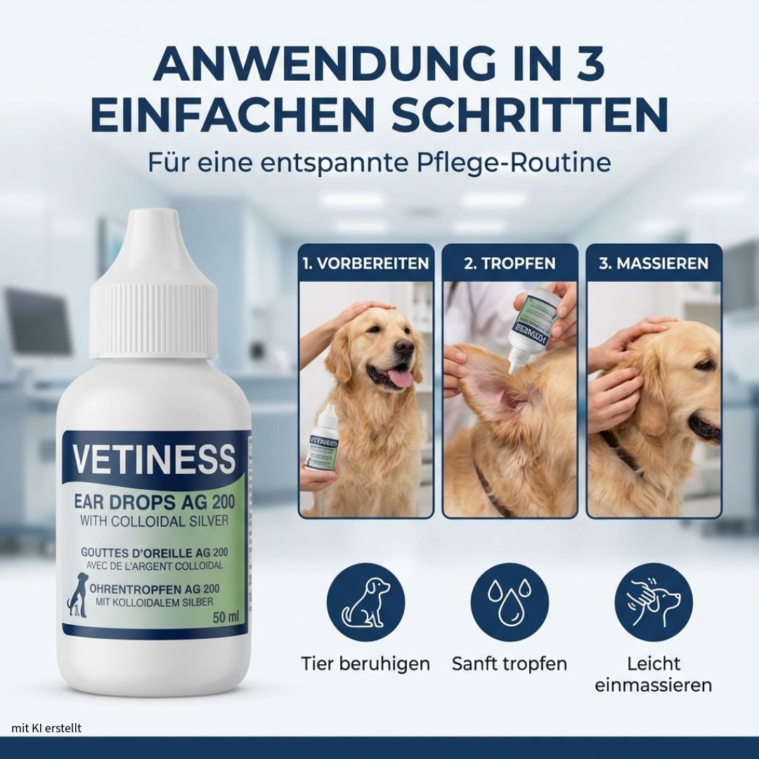 Flasche mit blauer und grüner Beschriftung. Text: Vetiness Ear Drops AG 200 with colloidal silver. Anwendung in 3 einfachen Schritten.