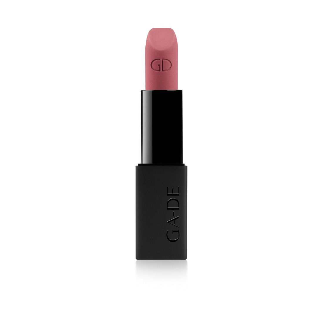 Lippenstift mit rosafarbener Spitze. Schwarzer, rechteckiger Behälter mit der Aufschrift GA-DE. Auf der Spitze steht GD.