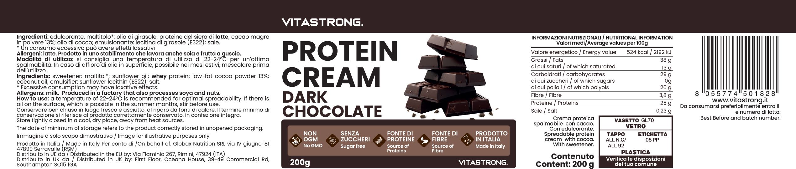 Dunkle Schokoladen-Proteincreme in einem Glas. Aufschrift: Vitastrong Protein Cream Dark Chocolate. 200g. Ohne Zuckerzusatz.