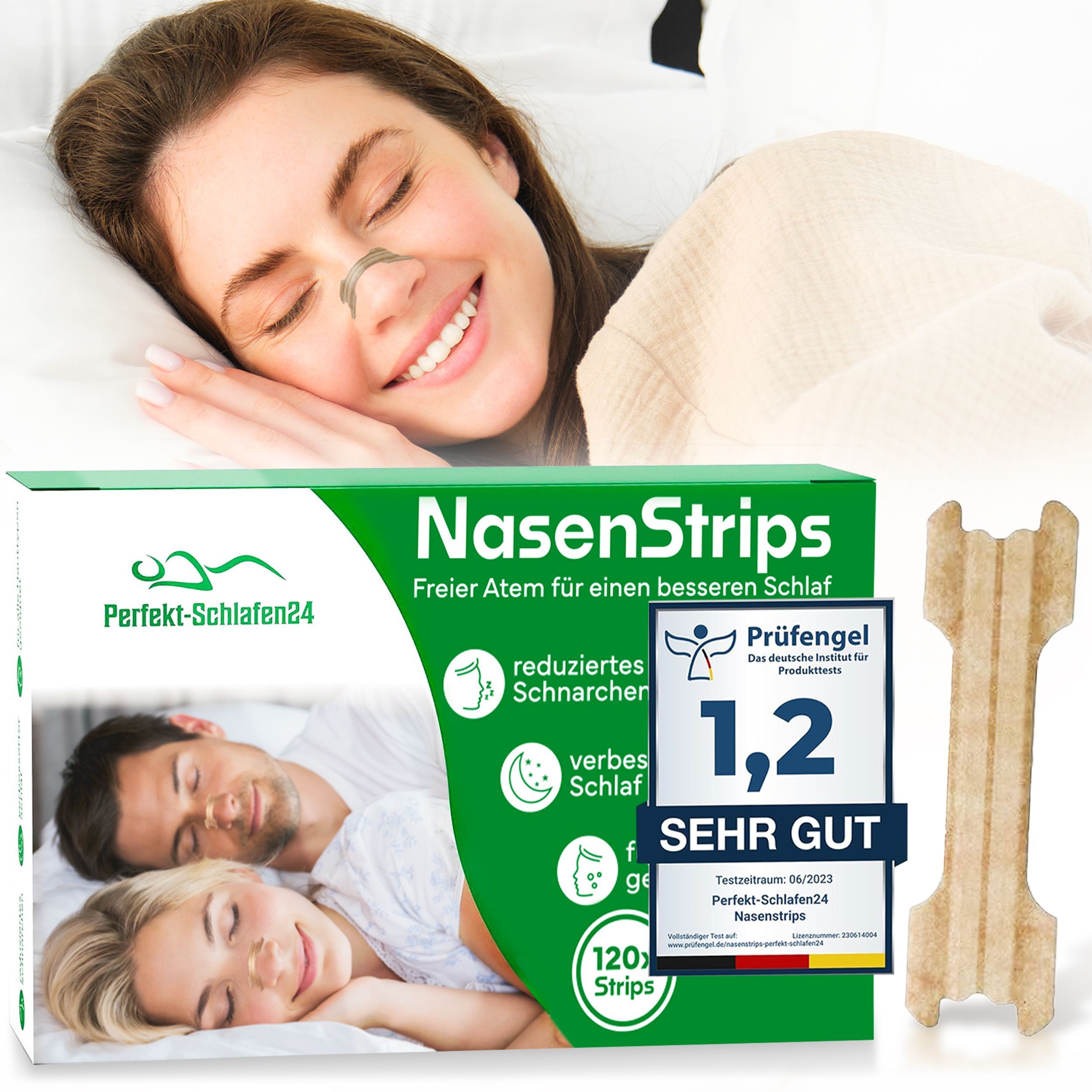 Nasenpflaster und Verpackung. Auf der Verpackung steht "Nasenstrips" und "Perfekt-Schlafen24". Eine Frau schläft mit einem Nasenpflaster.