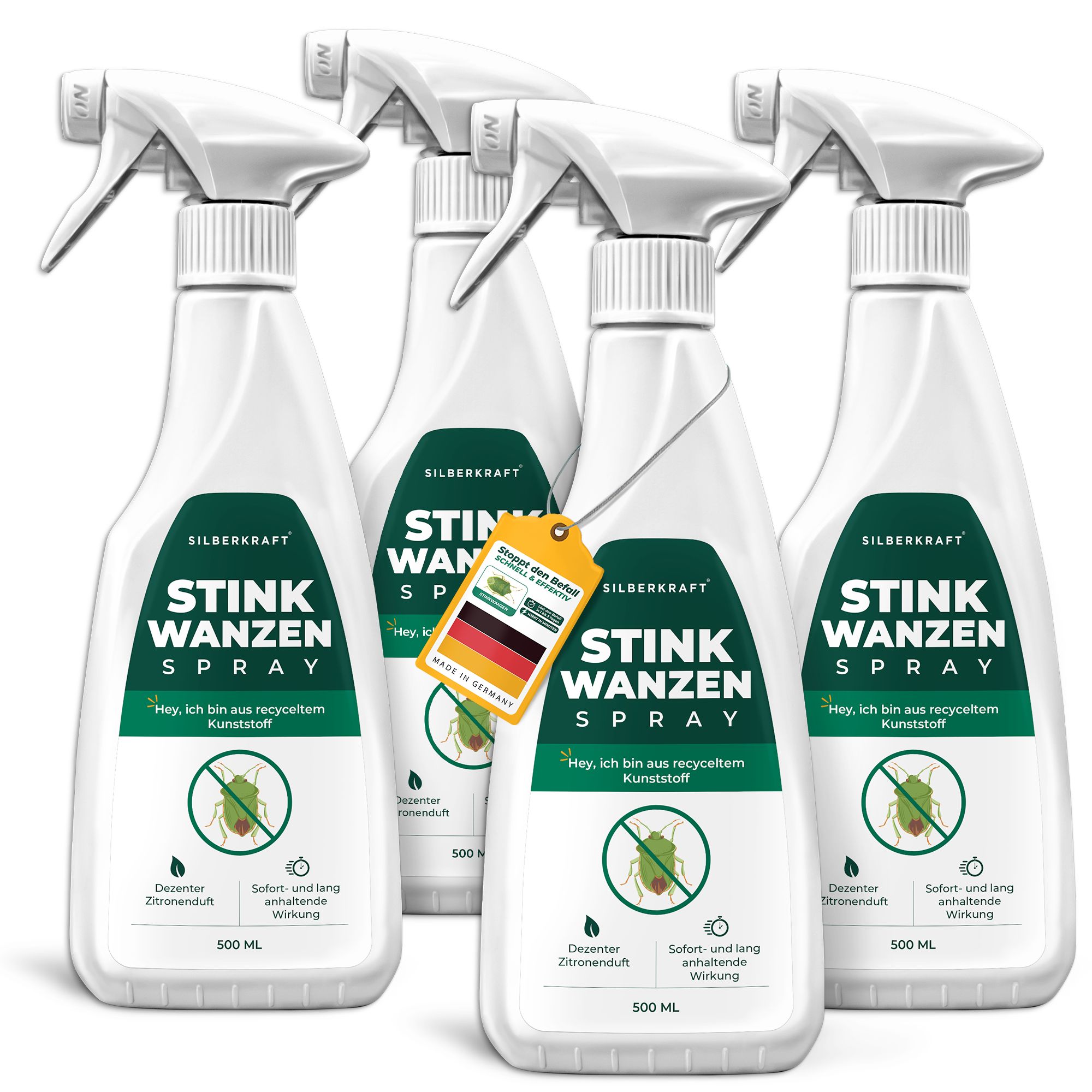 Fünf Sprühflaschen "Stinkwanzen Spray" von Silberkraft, je 500 ml. Mit Zitronenduft und langer Wirkung.