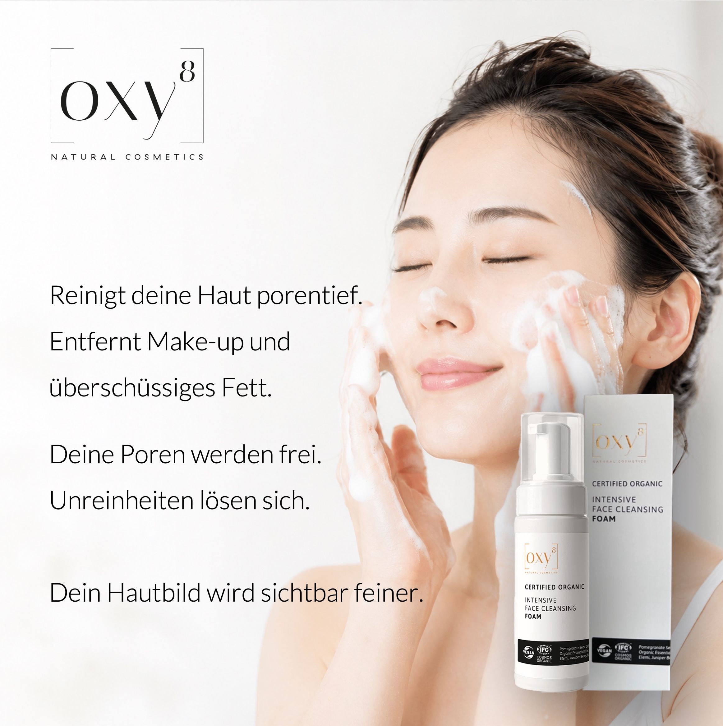 Frau wäscht Gesicht. Text: oxy8, INTENSIVE FACE CLEANSING FOAM. Produkt.