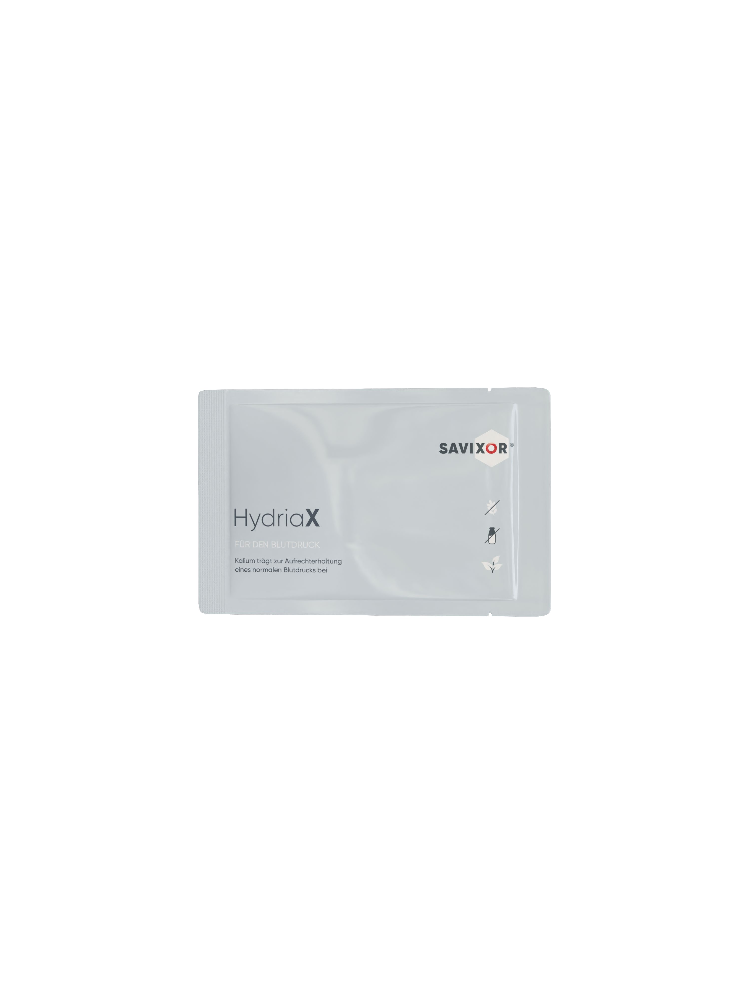 Savixor HydriaX Elektrolyte Pulver, Sachet. Einzelnes Sachet mit Aufschrift HydriaX. Weißer Hintergrund.