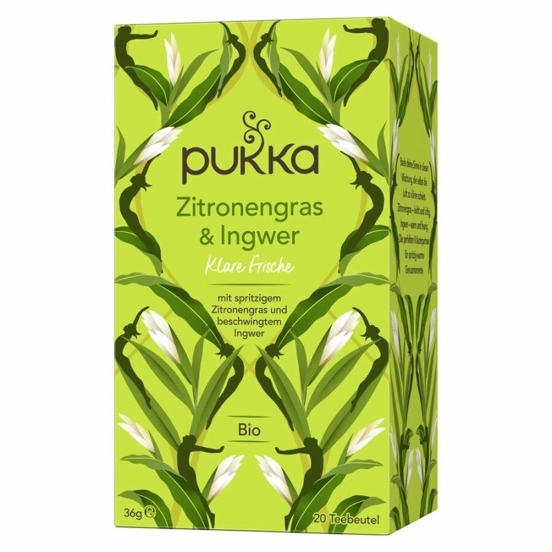 Grüne Verpackung mit Pukka-Logo und Aufschrift 'Zitronengras & Ingwer'. Enthält 20 Teebeutel, Bio-Zertifizierung.