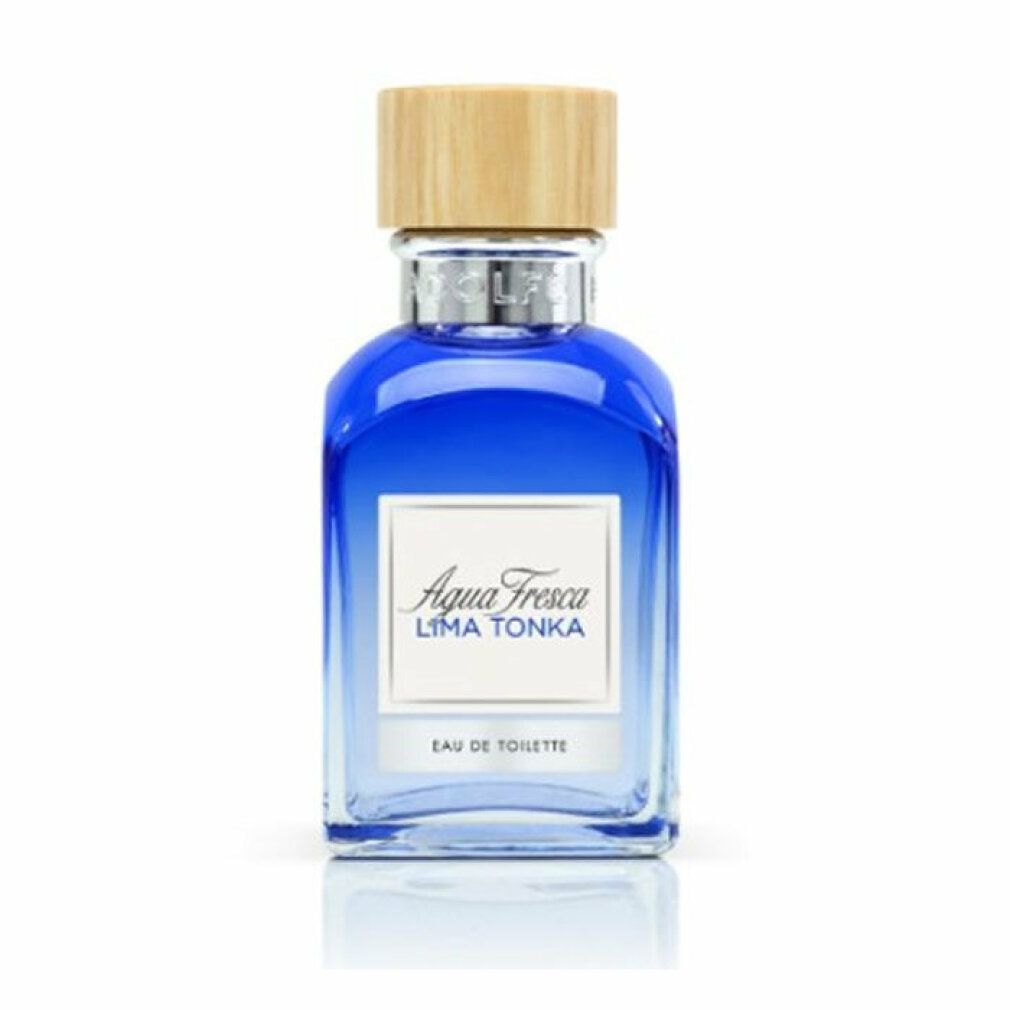 Blaues Parfümflakon mit Holzdeckel. Aufschrift: Agua Fresca Lima Tonka Eau de Toilette.