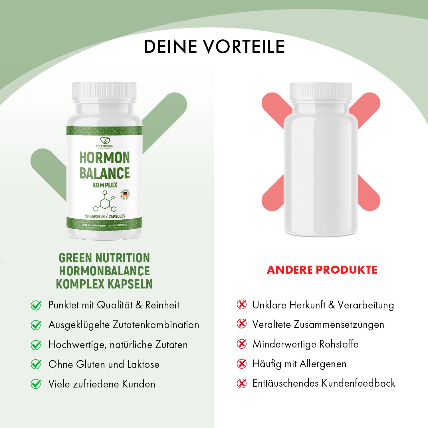 Vergleich von Green Nutrition Hormonbalance Komplex Kapseln mit anderen Produkten. Vorteile: Qualität, Reinheit, Zutaten, ohne Gluten und Laktose.