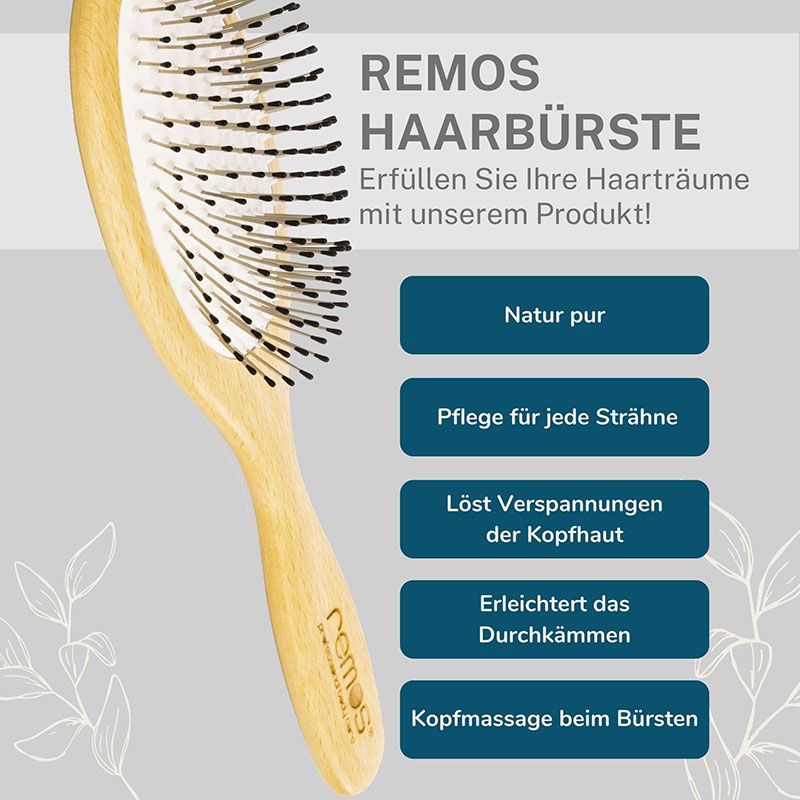 REMOS Haarbürste aus Holz mit Stahlstiften. Merkmale: Natur pur, Pflege, löst Verspannungen, erleichtert Durchkämmen.
