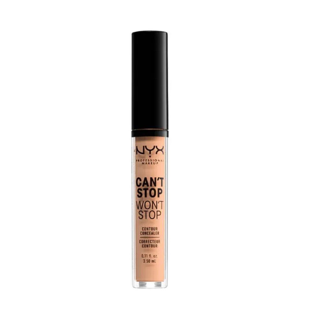 NYX Can't Stop Won't Stop Concealer in hellem Hautton. Schwarzer Deckel, transparente Flasche mit Etikett.