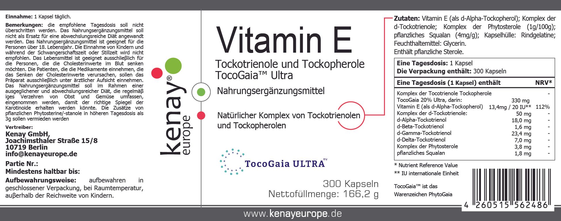Etikett mit Produktinformationen. Enthält Vitamin E Tockotrienole und Tockopherole TocoGaia Ultra. Marke: KENAY.
