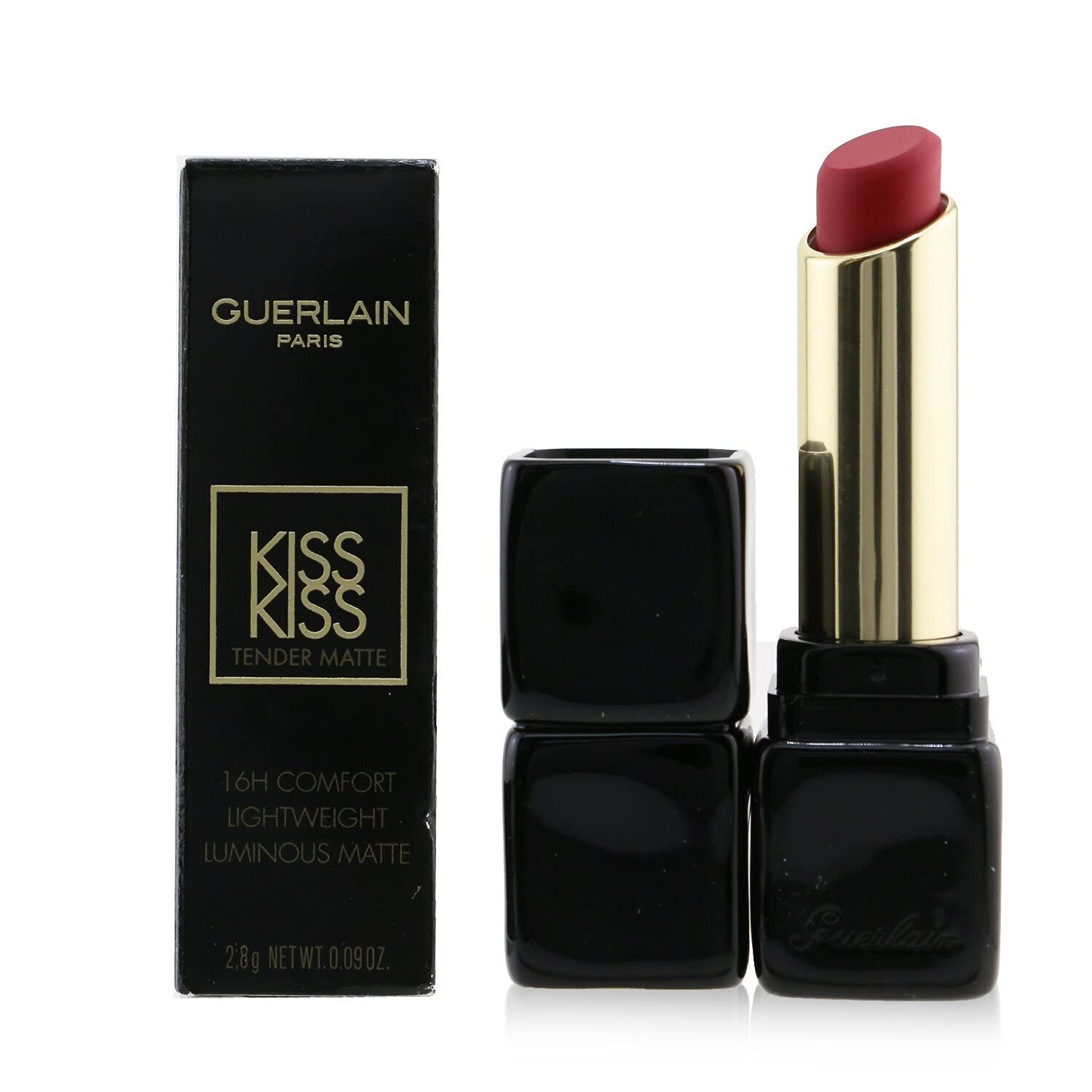 Schwarze Verpackung mit Text. Geöffneter Lippenstift mit roter Farbe. Goldfarbener Lippenstift-Halter. Schwarze Kappe.
