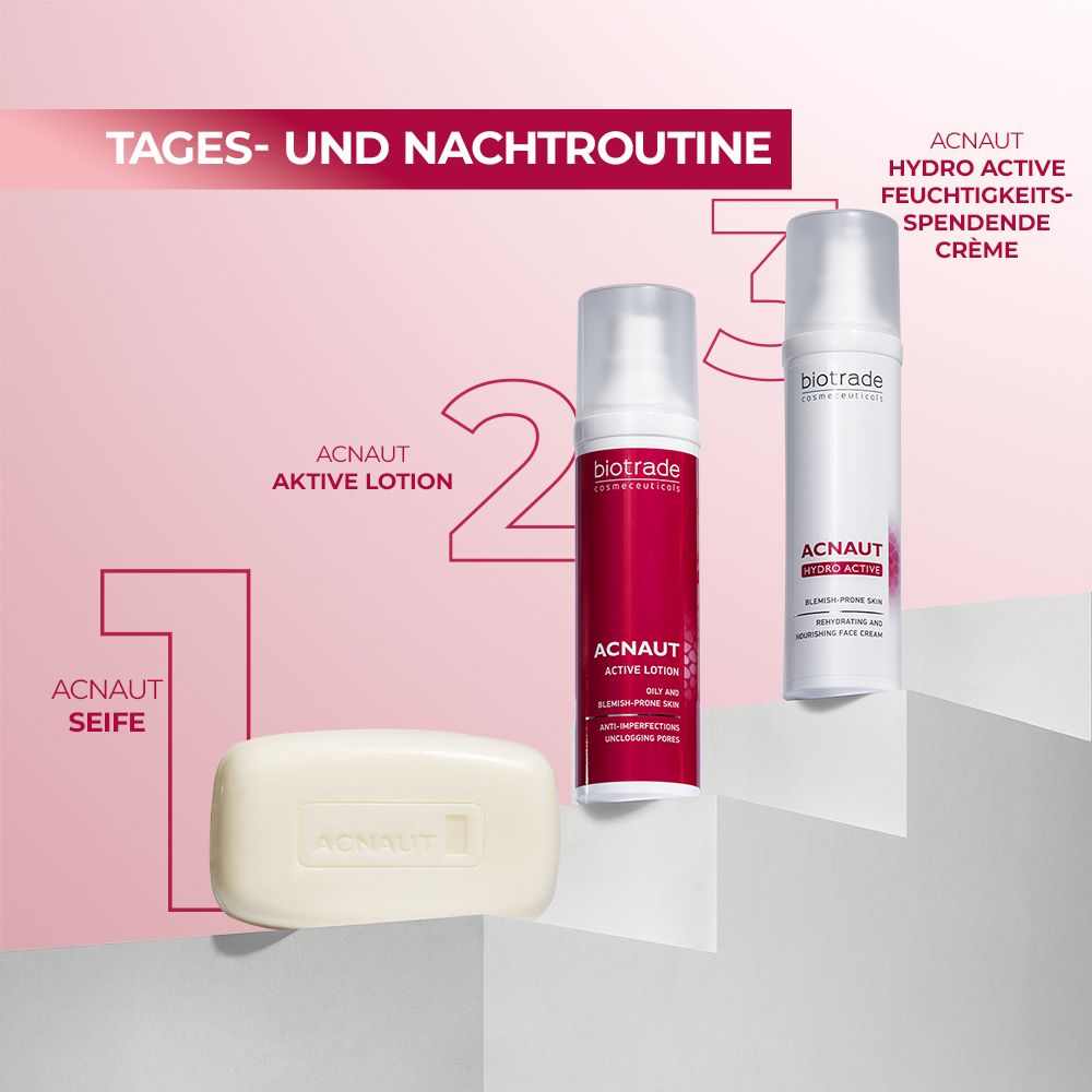 Drei Produkte: Acnaut Seife, Active Lotion, Hydro Active Creme. Text: Tages- und Nachtroutine. Reihenfolge: 1, 2, 3. Biotrade-Logo auf Produkten.
