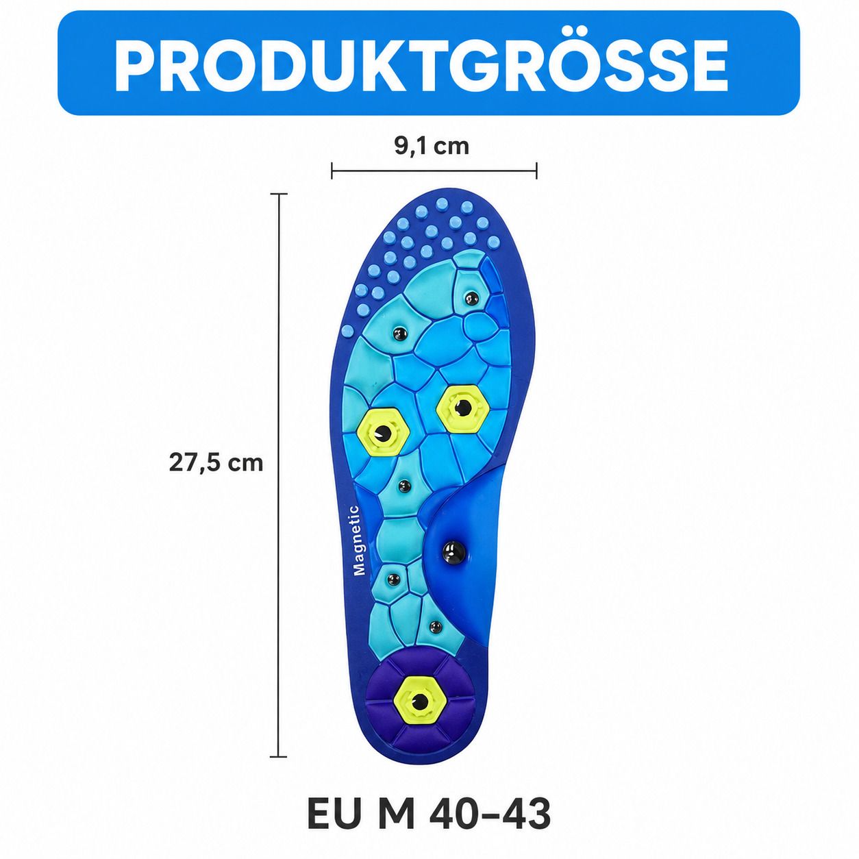 Eine zuschneidbare Massage-Einlegesohle mit Noppen, Magneten und stoßdämpfenden Elementen. Maße: 27,5 cm Länge, 9,1 cm Breite. Größe EU M 40-43.