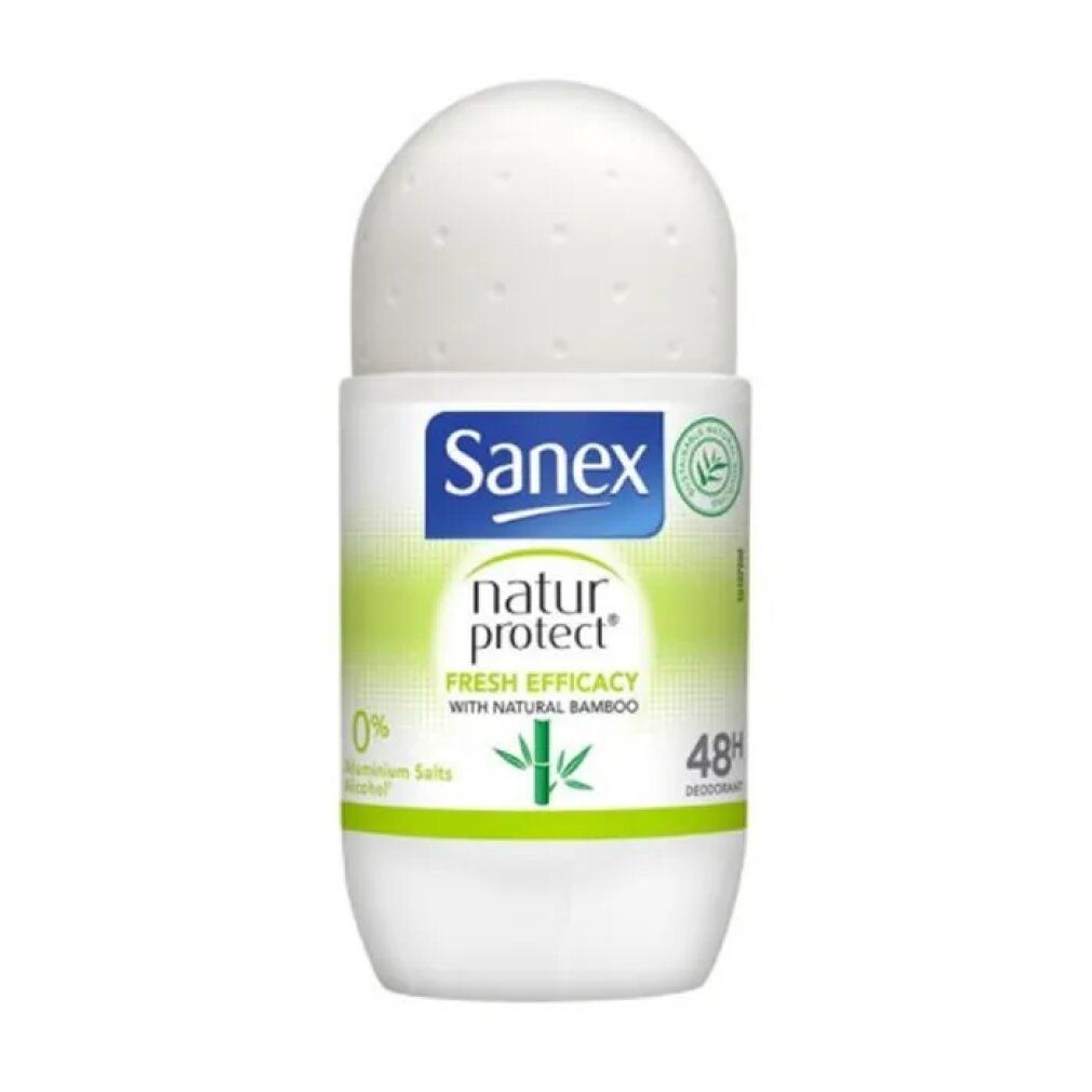 Weißer Roll-On-Deo mit Sanex-Logo und Natur Protect-Schriftzug. Enthält Bambus-Extrakt. 48h Schutz.