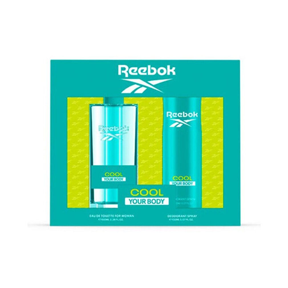 Reebok Cool Your Body Set. Eau de Toilette und Deodorant in türkisgrüner Verpackung. Logo und Schriftzug Cool Your Body.